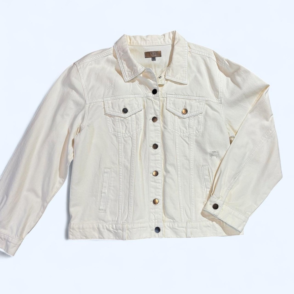 NWT KUT from the Kloth Womens Ecru White Cotton Distressed Jean Jacket Large